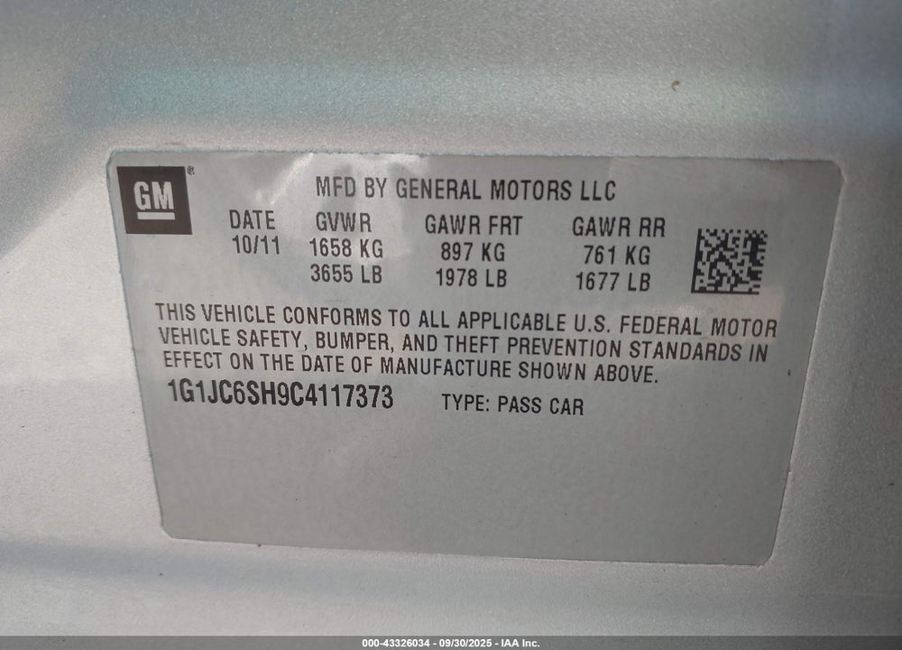 2012 CHEVROLET SONIC VIN: 1G1JC6SH9C4117373