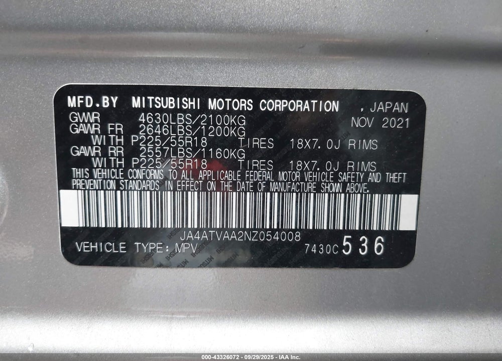 2022 MITSUBISHI ECLIPSE VIN: JA4ATVAA2NZ054008