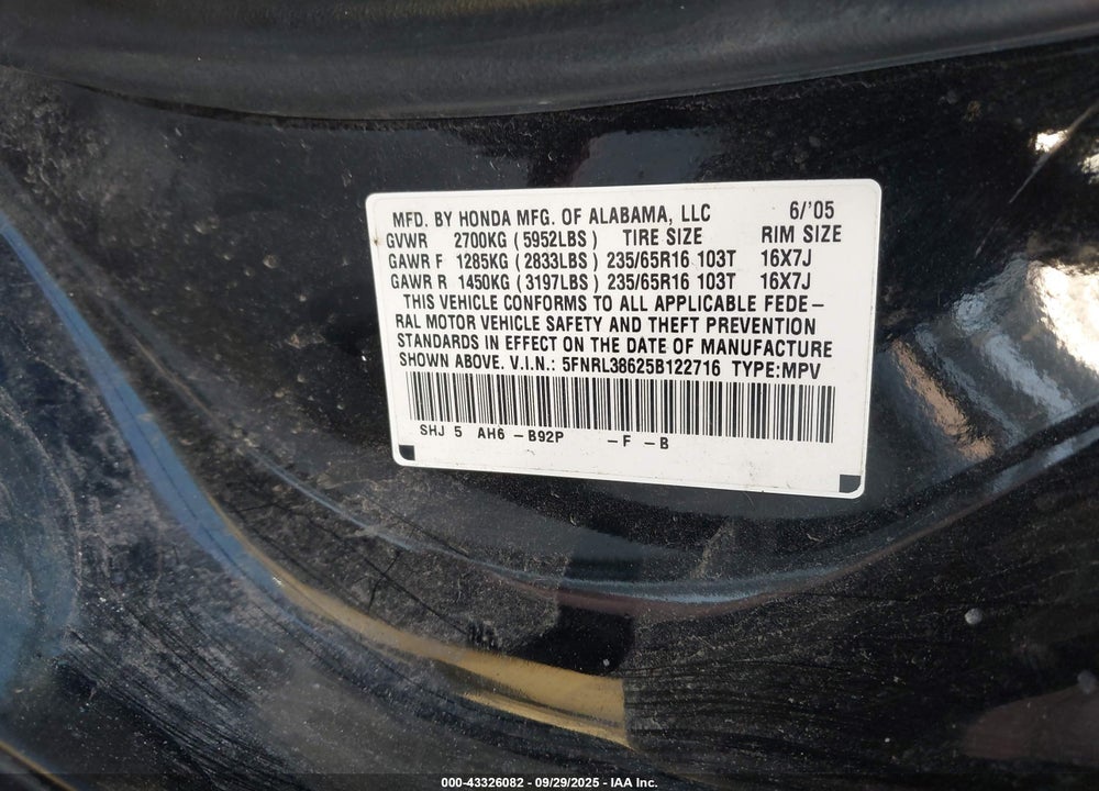 2005 HONDA ODYSSEY EX-L VIN: 5FNRL38625B122716