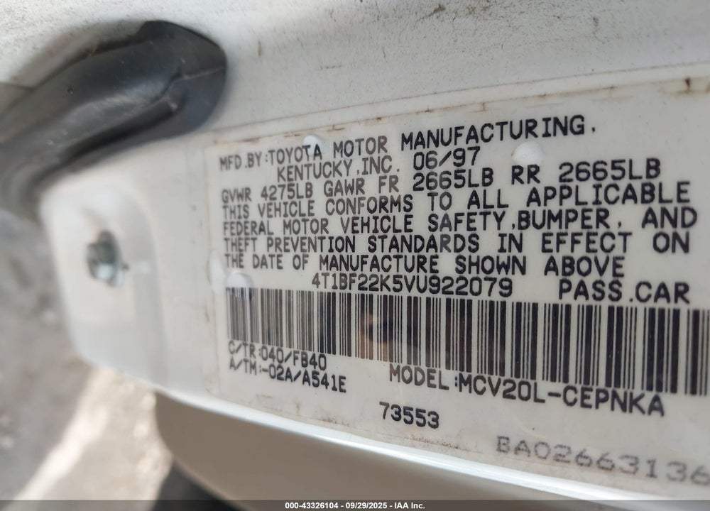 1997 TOYOTA CAMRY LE V6 VIN: 4T1BF22K5VU922079