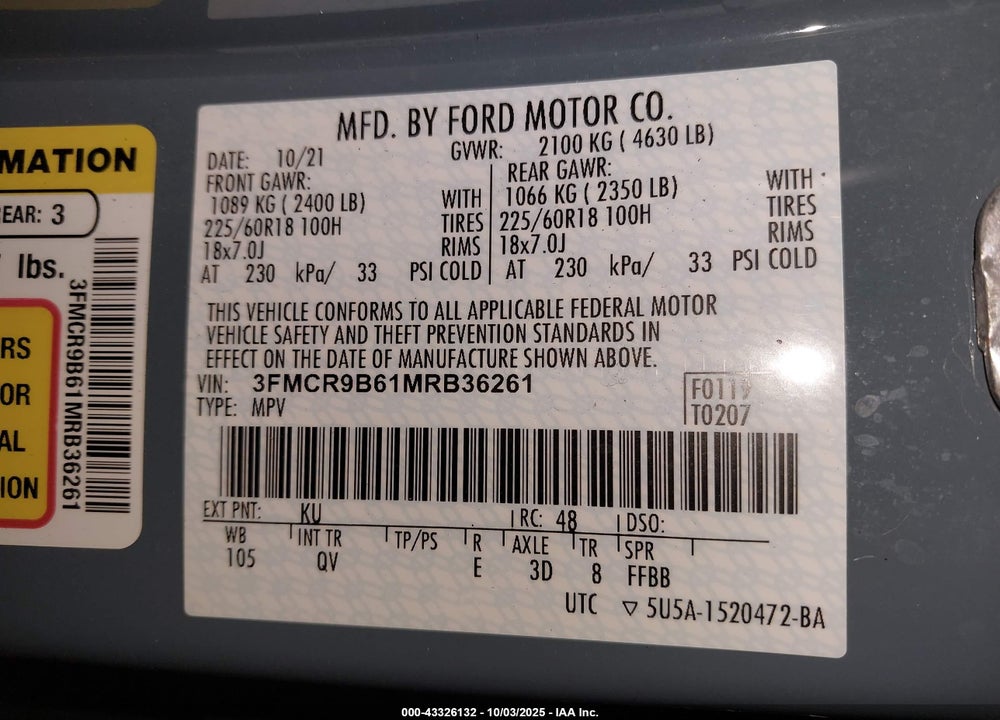 2021 FORD BRONCO SPORT BIG BEND VIN: 3FMCR9B61MRB36261