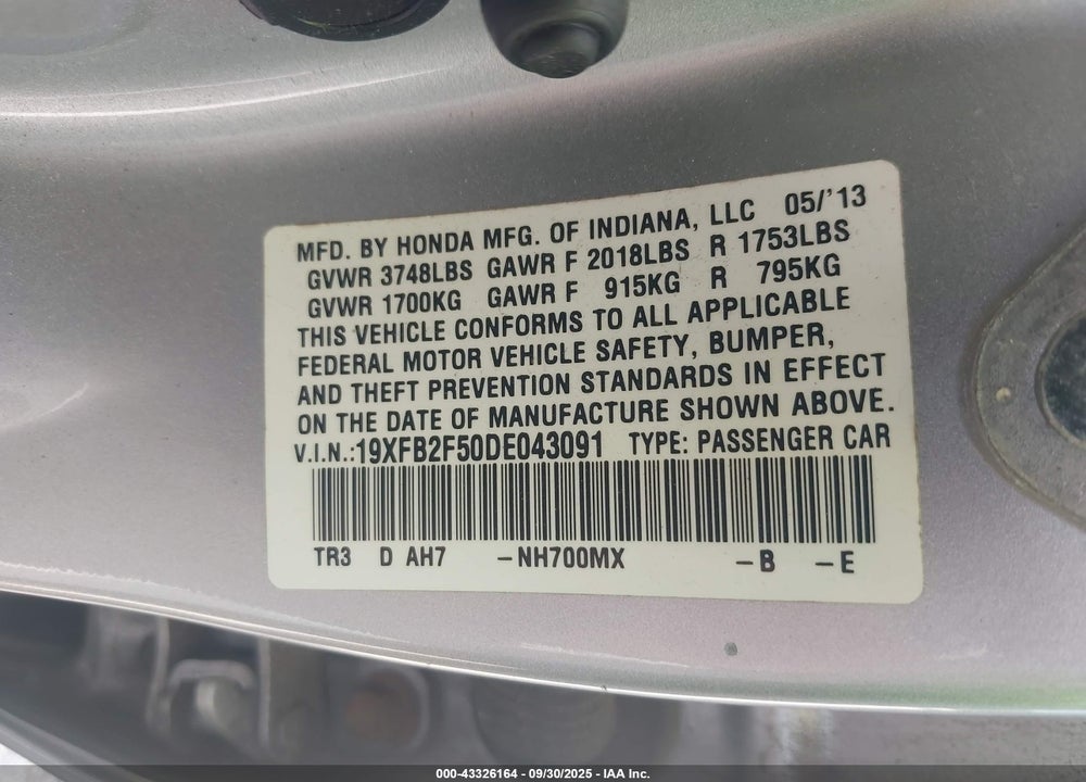 2013 HONDA CIVIC VIN: 19XFB2F50DE043091