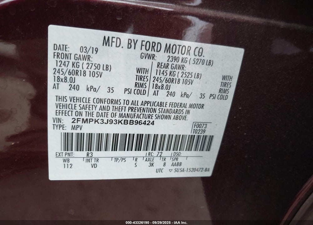 2019 FORD EDGE VIN: 2FMPK3J93KBB96424