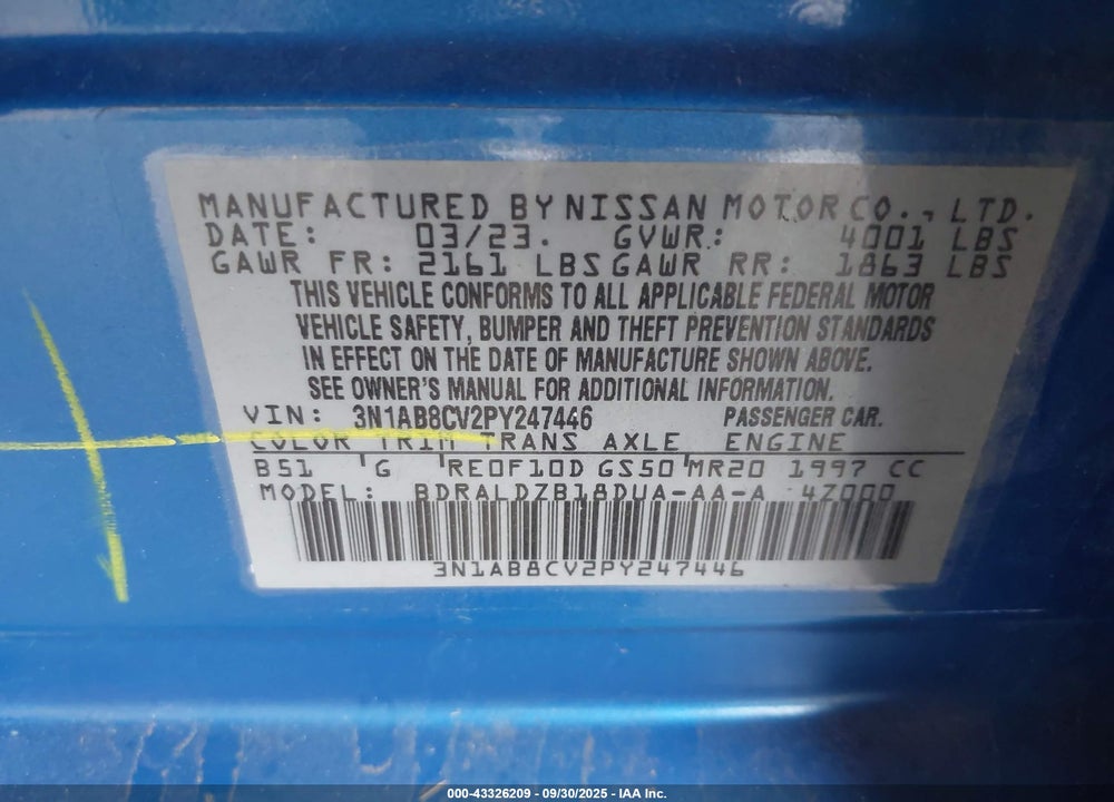 2023 NISSAN SENTRA VIN: 3N1AB8CV2PY247446