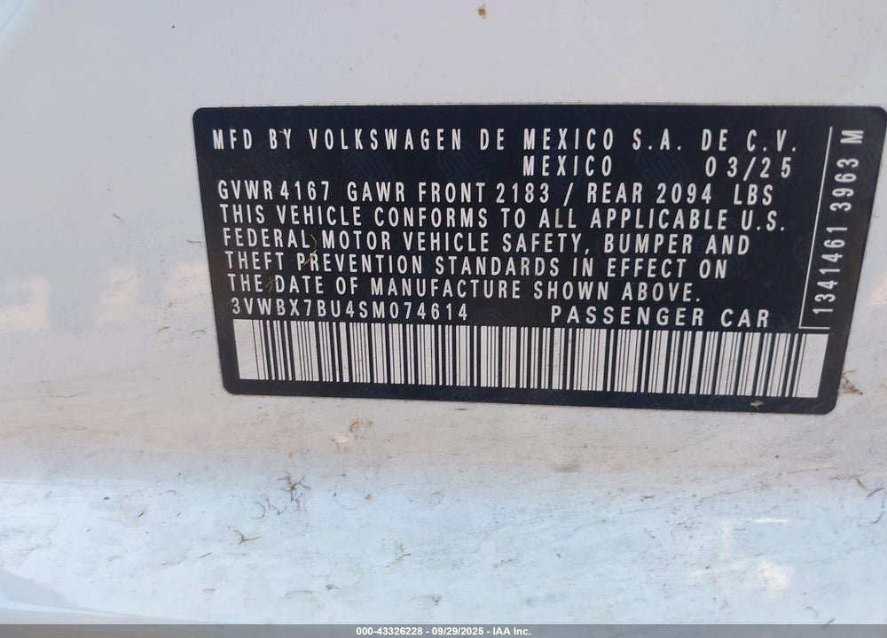 2025 VOLKSWAGEN JETTA VIN: 3VWBX7BU4SM074614