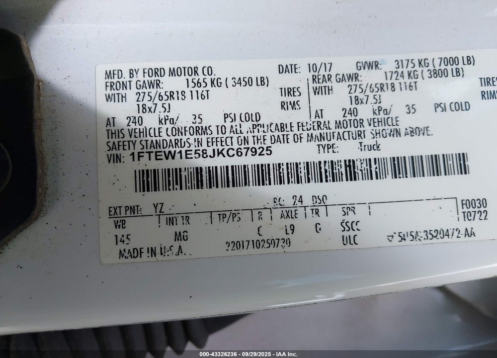 2018 FORD F-150 VIN: 1FTEW1E58JKC67925