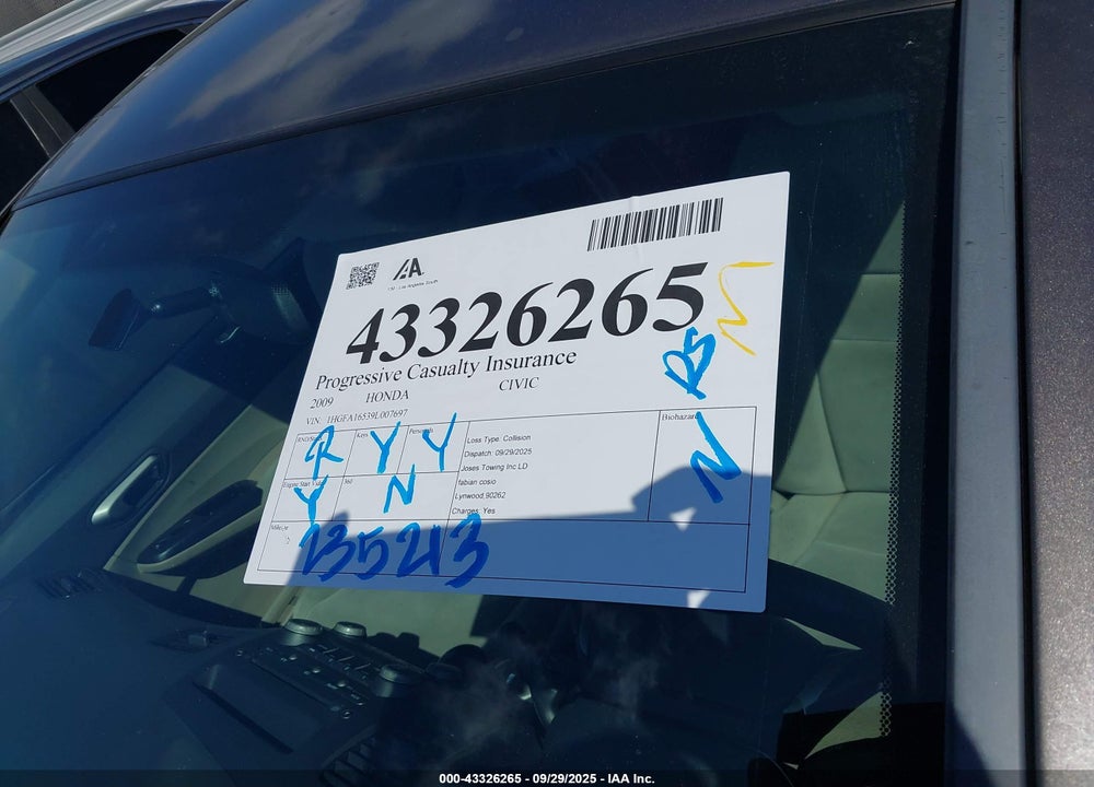 2009 HONDA CIVIC VIN: 1HGFA16539L007697