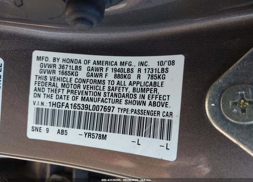 2009 HONDA CIVIC VIN: 1HGFA16539L007697