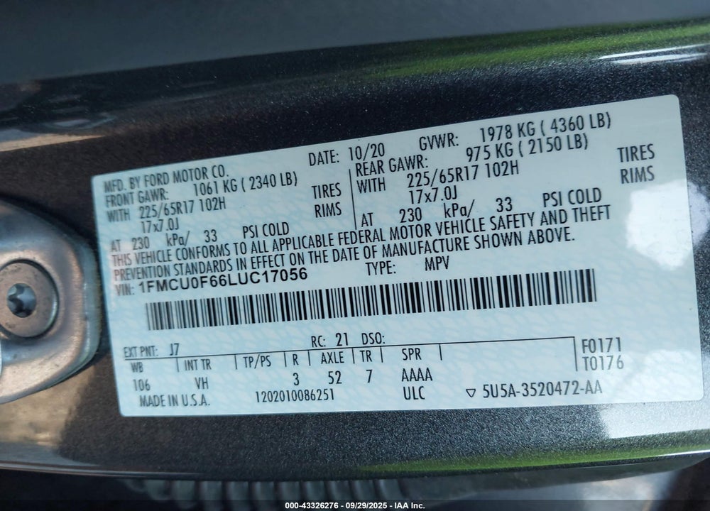 2020 FORD ESCAPE S VIN: 1FMCU0F66LUC17056