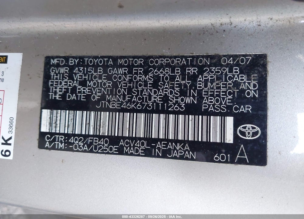 2007 TOYOTA CAMRY LE VIN: JTNBE46K673111263