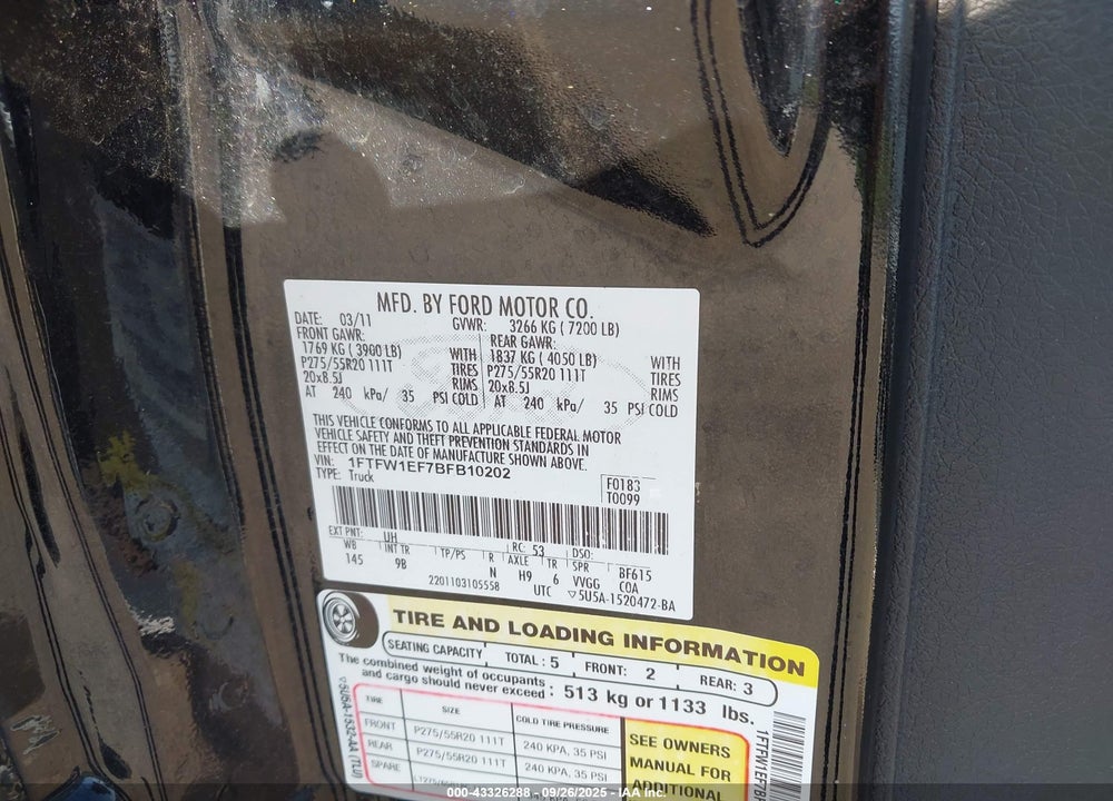 2011 FORD F-150 VIN: 1FTFW1EF7BFB10202
