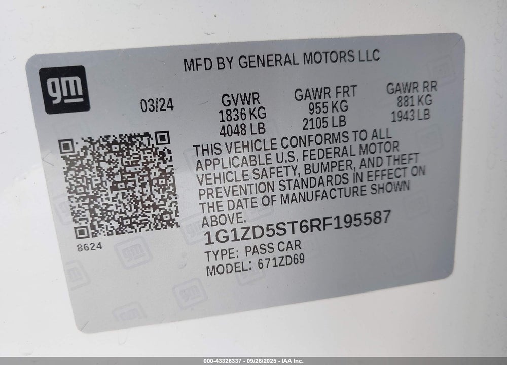 2024 CHEVROLET MALIBU FWD 1LT VIN: 1G1ZD5ST6RF195587
