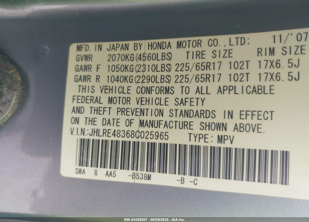 2008 HONDA CR-V VIN: JHLRE48368C025965