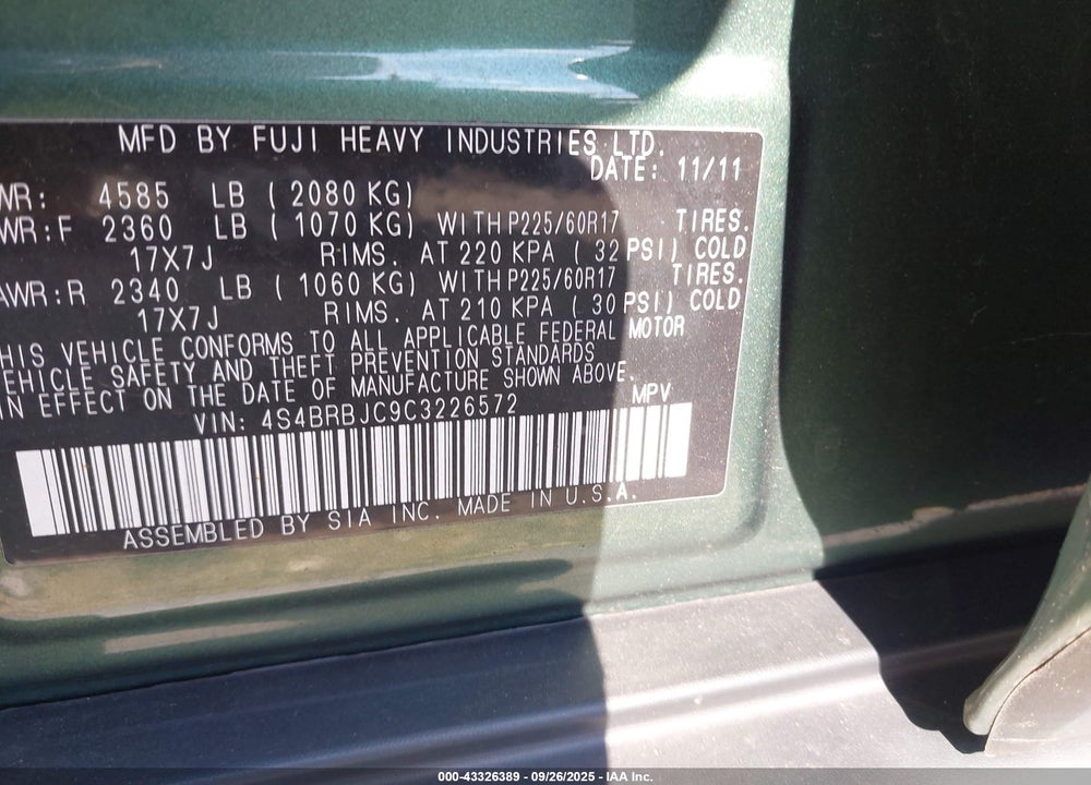 2012 SUBARU OUTBACK 2.5I LIMITED VIN: 4S4BRBJC9C3226572