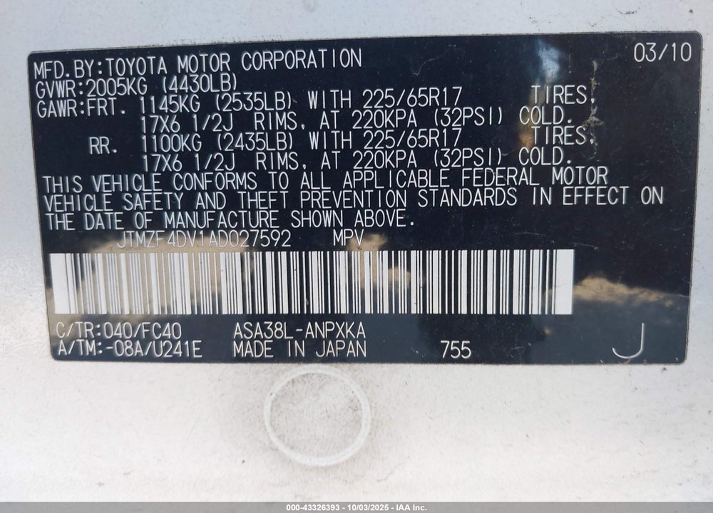 2010 TOYOTA RAV4 VIN: JTMZF4DV1AD027592