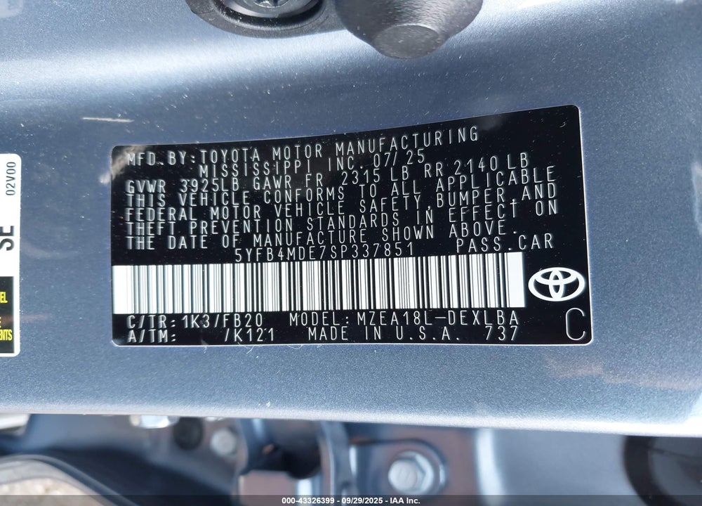2025 TOYOTA COROLLA VIN: 5YFB4MDE7SP337851