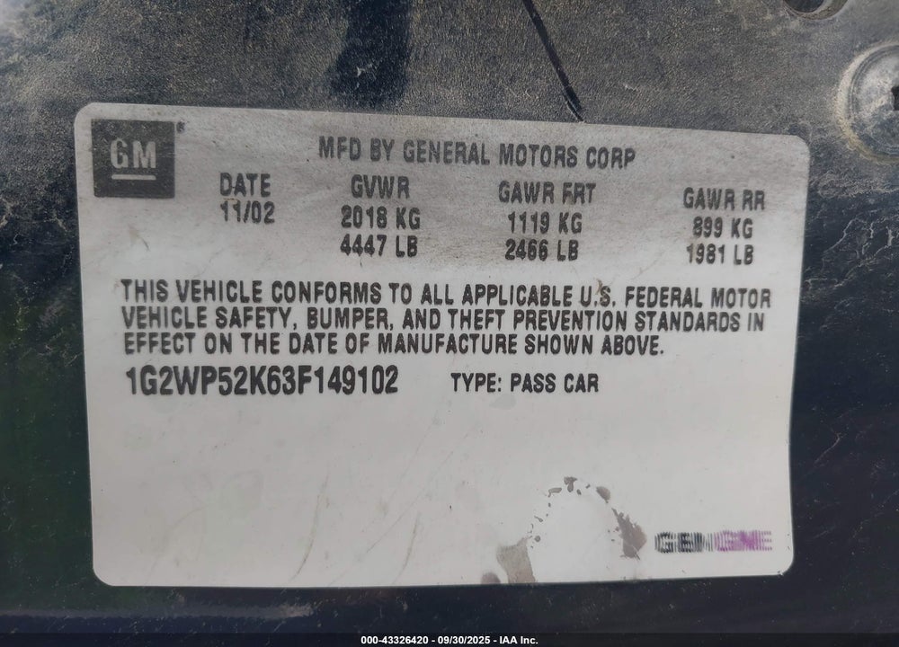 2003 PONTIAC GRAND PRIX GT VIN: 1G2WP52K63F149102