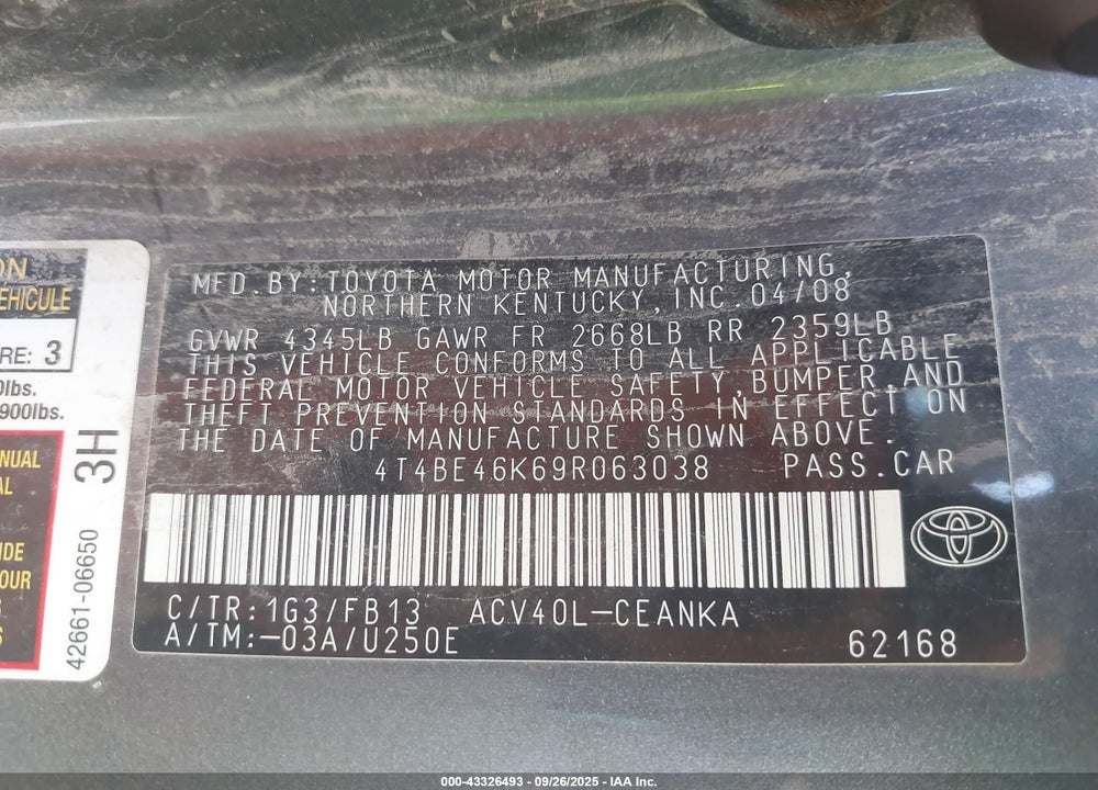 2009 TOYOTA CAMRY VIN: 4T4BE46K69R063038