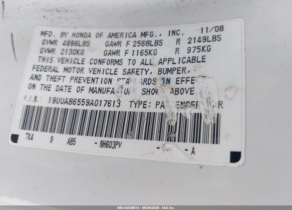 2009 ACURA TL 3.5 VIN: 19UUA86559A017613