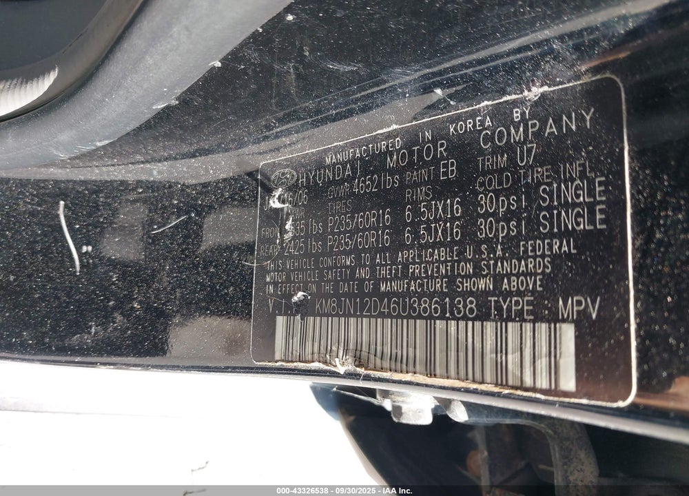 2006 HYUNDAI TUCSON VIN: KM8JN12D46U386138