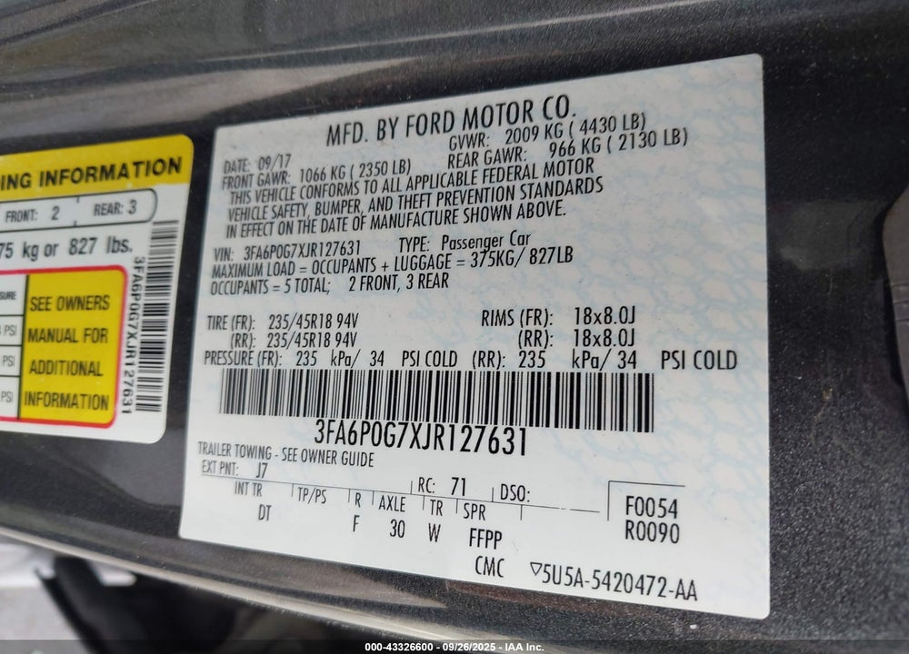 2018 FORD FUSION VIN: 3FA6P0G7XJR127631