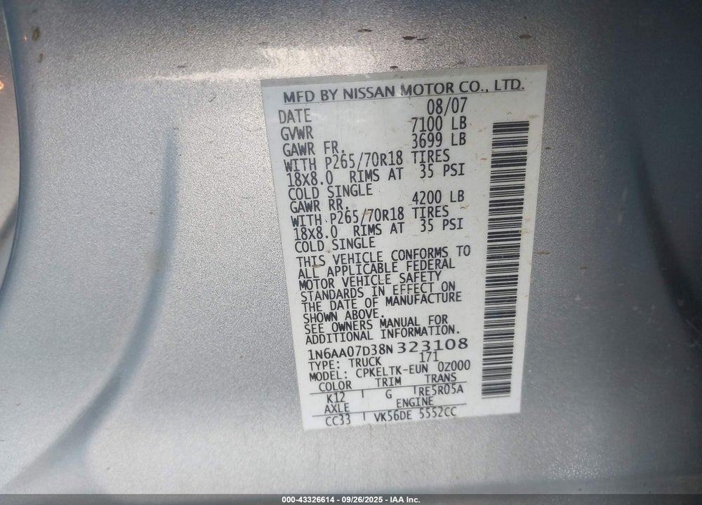 2008 NISSAN TITAN SE VIN: 1N6AA07D38N323108