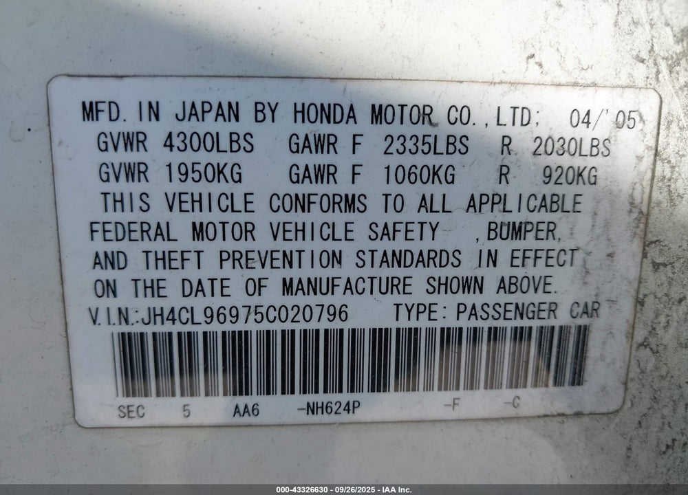 2005 ACURA TSX VIN: JH4CL96975C020796
