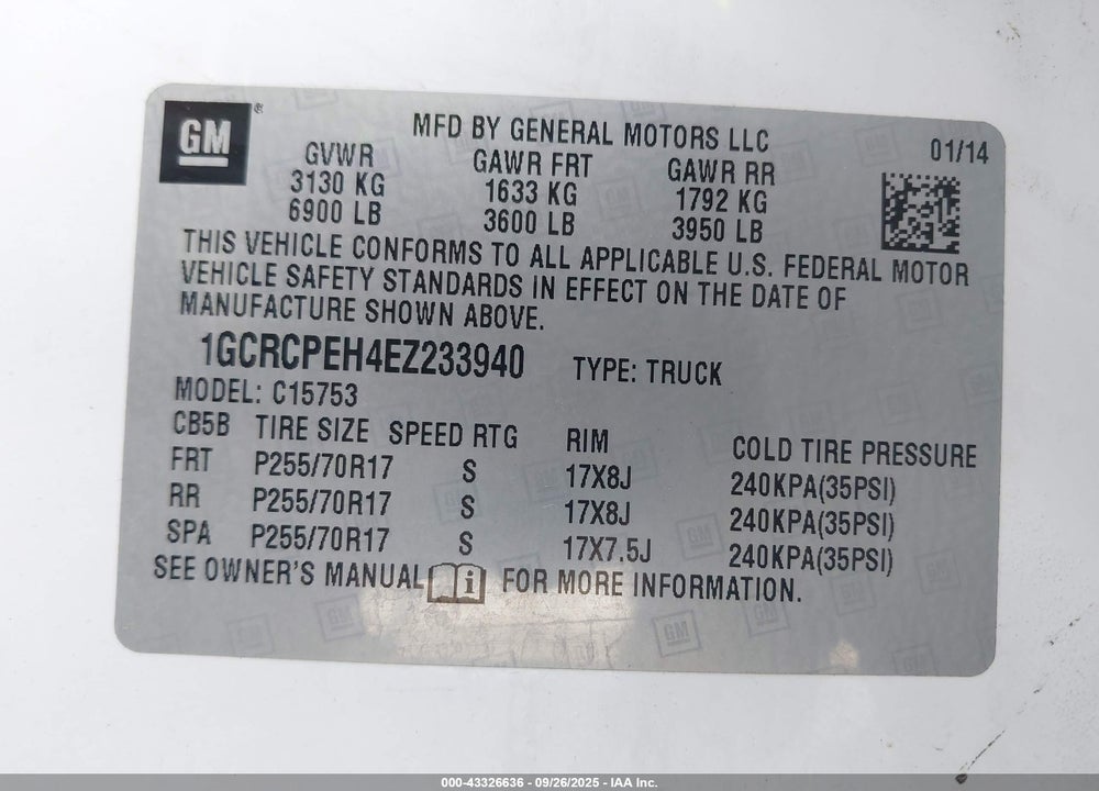 2014 CHEVROLET SILVERADO 1500 WORK TRUCK 1WT VIN: 1GCRCPEH4EZ233940