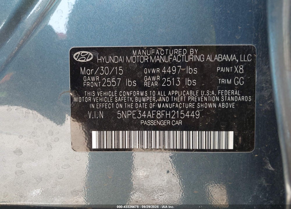 2015 HYUNDAI SONATA VIN: 5NPE34AF8FH215449