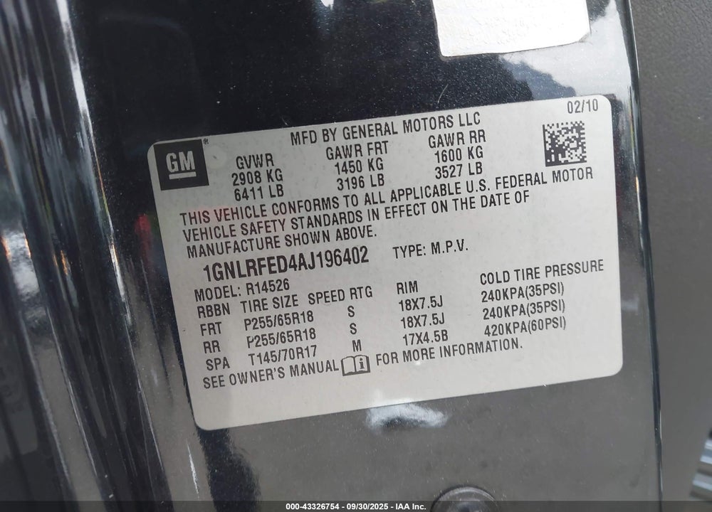 2010 CHEVROLET TRAVERSE VIN: 1GNLRFED4AJ196402