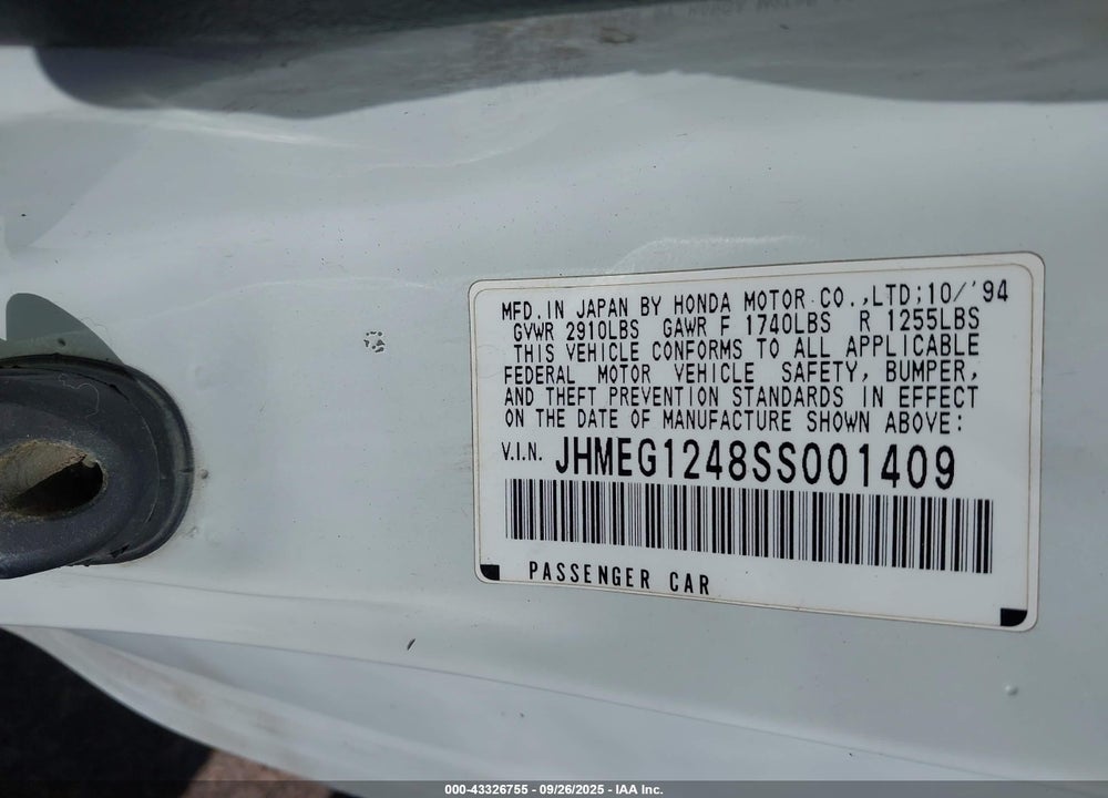 1995 HONDA CIVIC DEL SOL S VIN: JHMEG1248SS001409