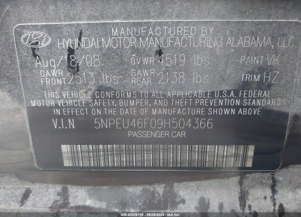 2009 HYUNDAI SONATA VIN: 5NPEU46F09H504366