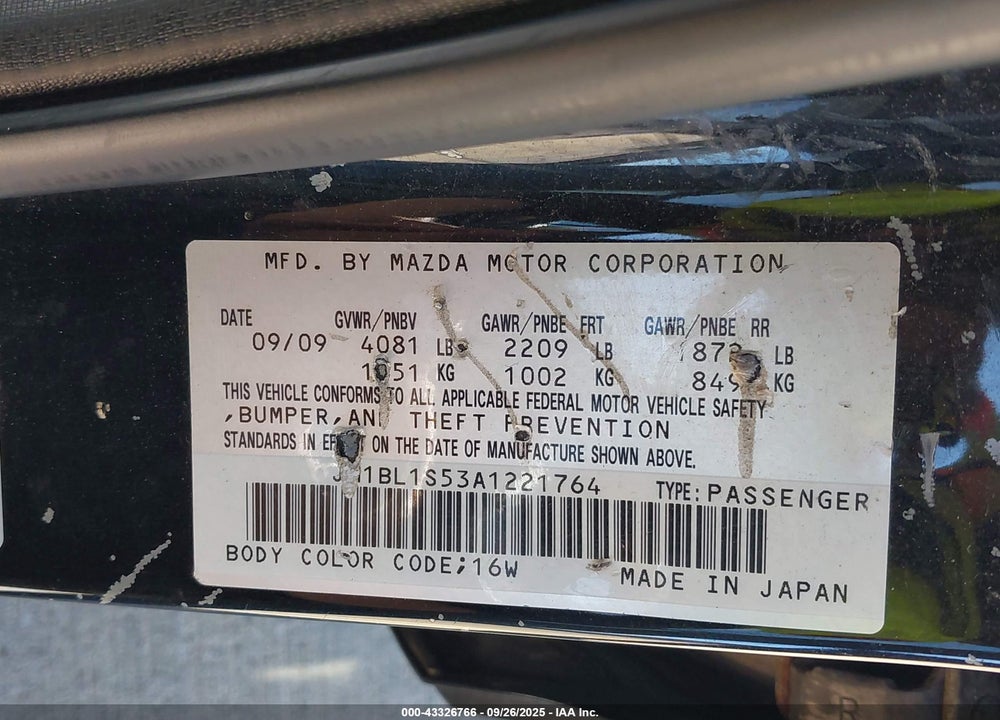 2010 MAZDA 3 VIN: JM1BL1S53A1221764