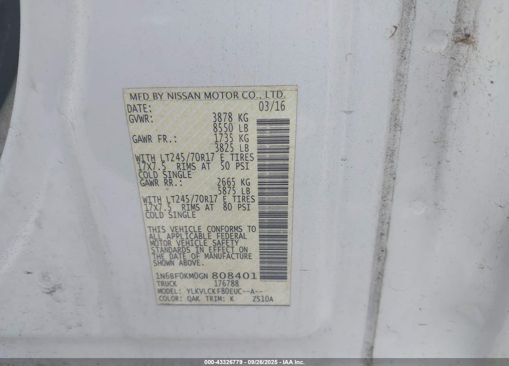 2016 NISSAN NV CARGO NV1500 S V6 VIN: 1N6BF0KM0GN808401
