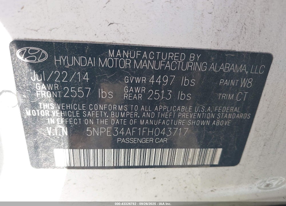 2015 HYUNDAI SONATA SPORT VIN: 5NPE34AF1FH043717