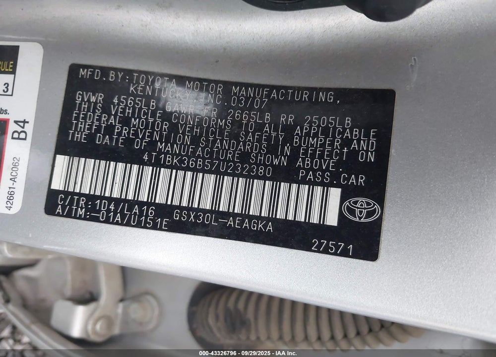 2007 TOYOTA AVALON VIN: 4T1BK36B57U232380