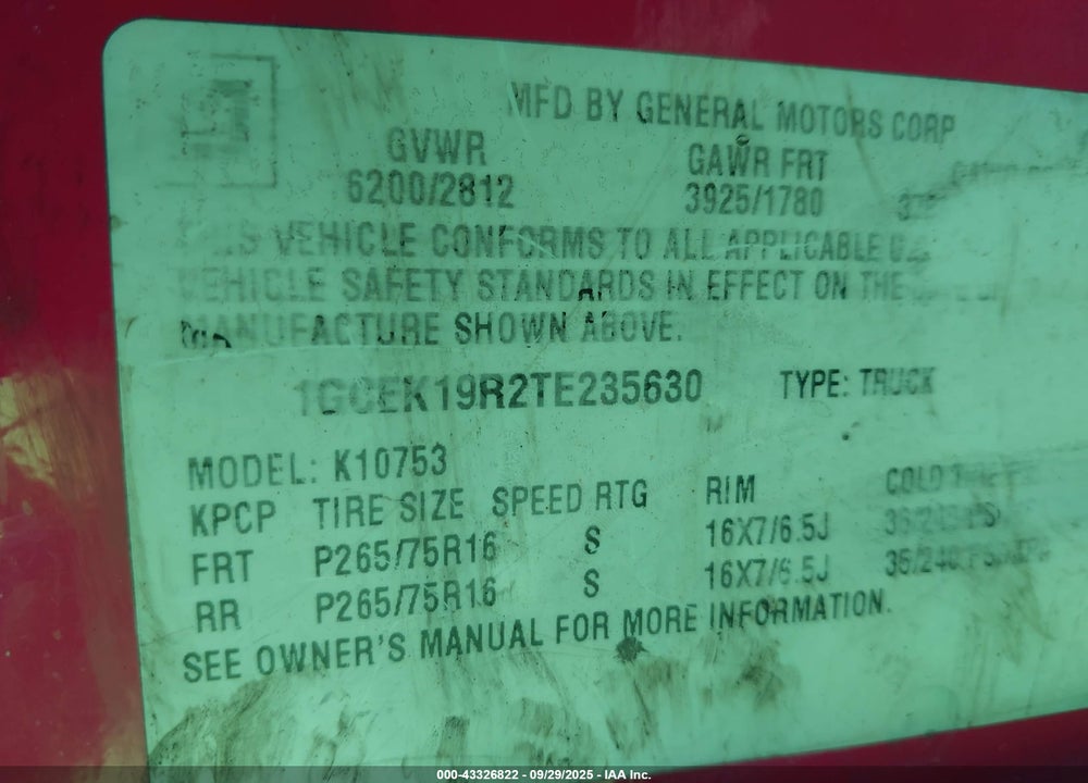 1996 CHEVROLET GMT-400 K1500 VIN: 1GCEK19R2TE235630