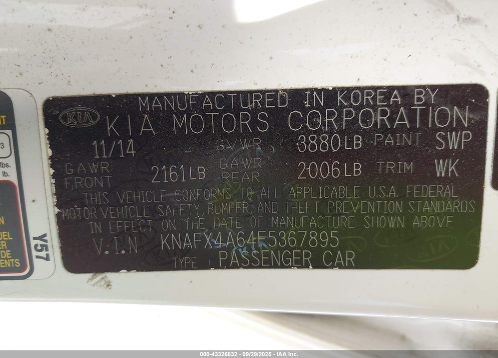 2015 KIA FORTE VIN: KNAFX4A64F5367895
