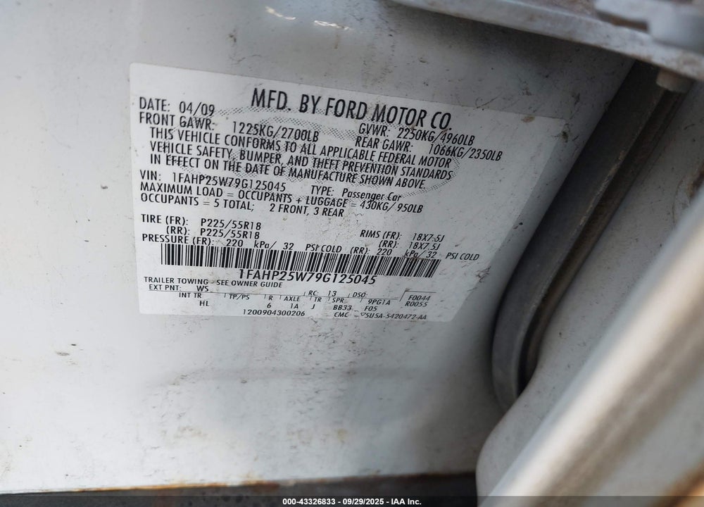 2009 FORD TAURUS VIN: 1FAHP25W79G125045