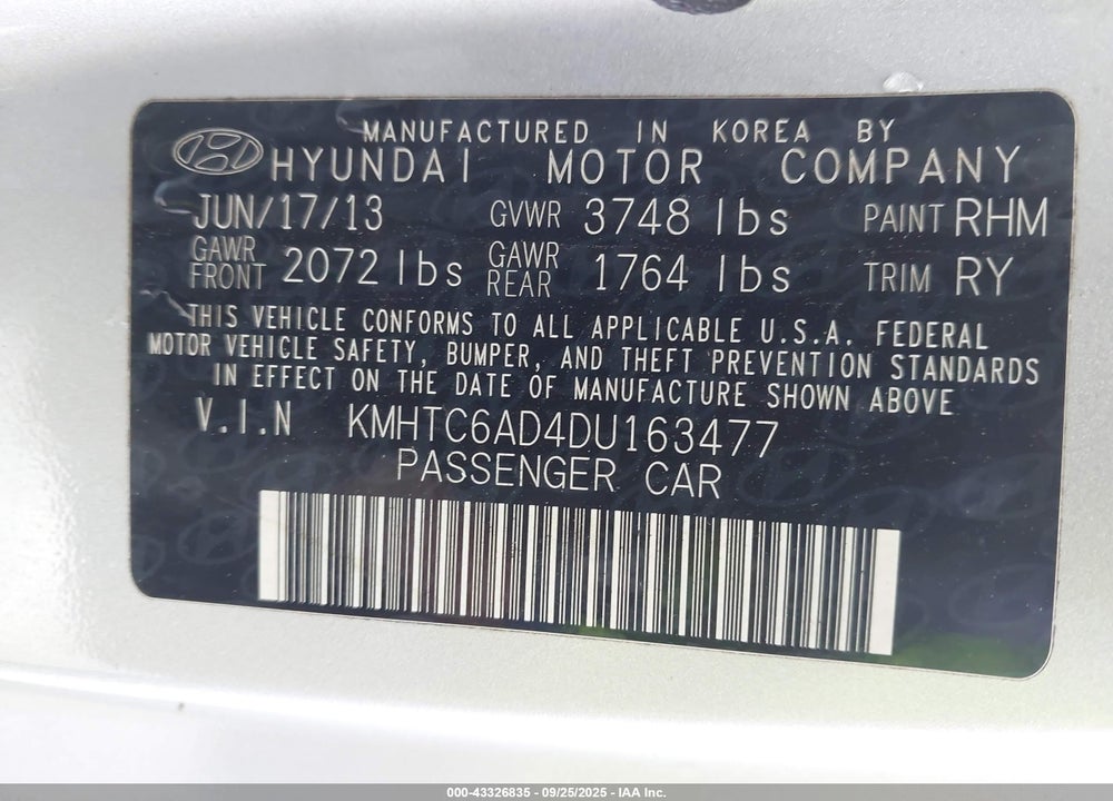 2013 HYUNDAI VELOSTER VIN: KMHTC6AD4DU163477