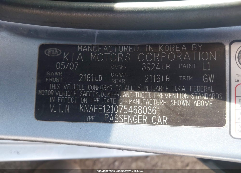2007 KIA SPECTRA VIN: KNAFE121075468036