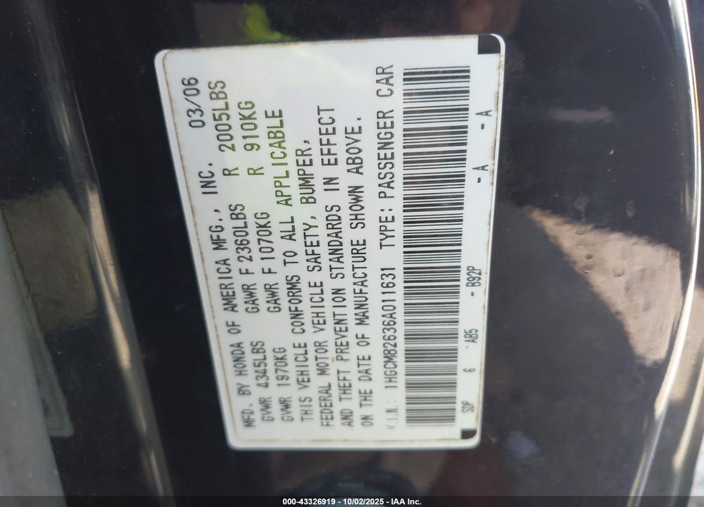 2006 HONDA ACCORD VIN: 1HGCM82636A011631