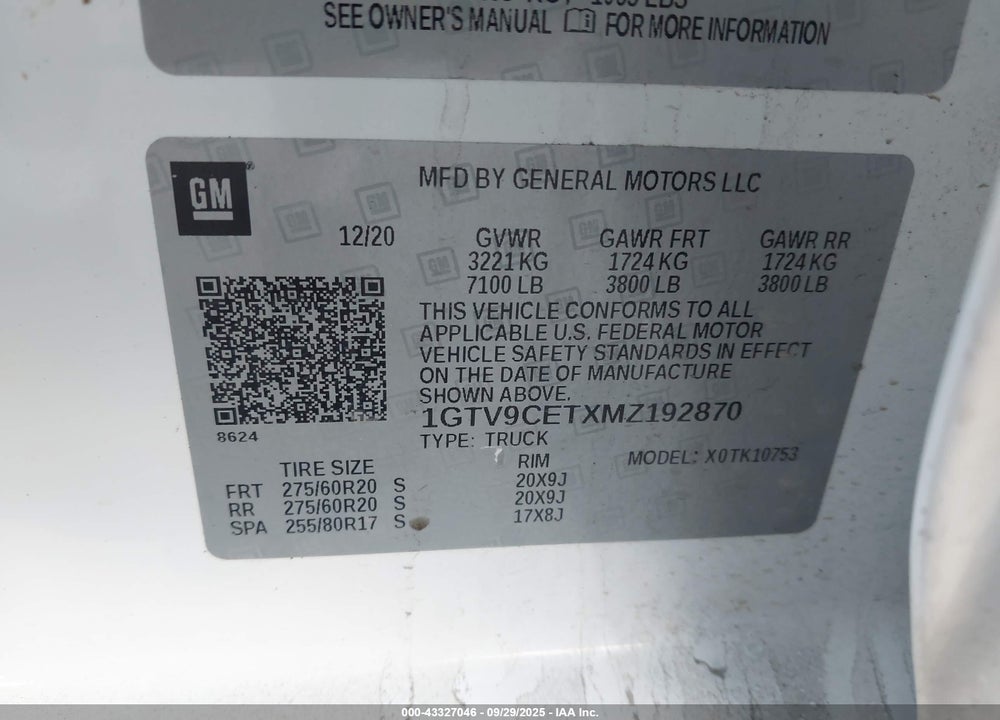 2021 GMC SIERRA 1500 4WD STANDARD BOX ELEVATION VIN: 1GTV9CETXMZ192870