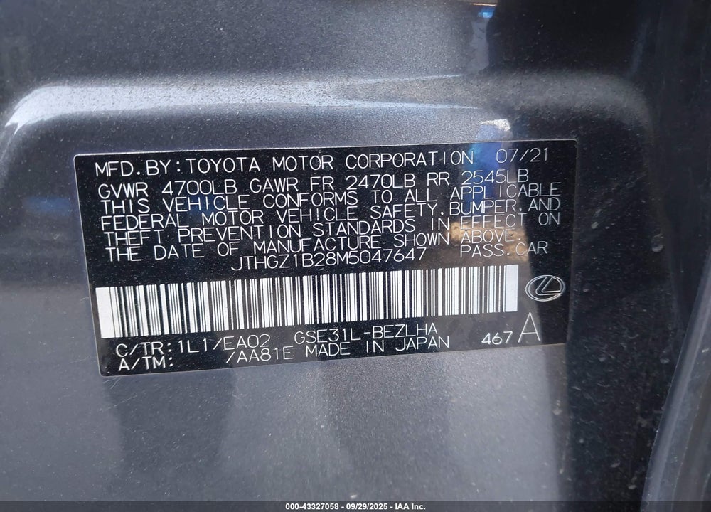 2021 LEXUS IS 350 F-SPORT VIN: JTHGZ1B28M5047647