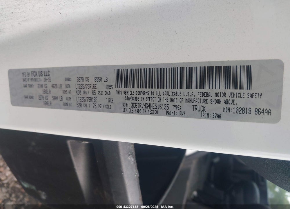 2017 RAM PROMASTER 1500 LOW ROOF 118 WB VIN: 3C6TRVNG4HE516135