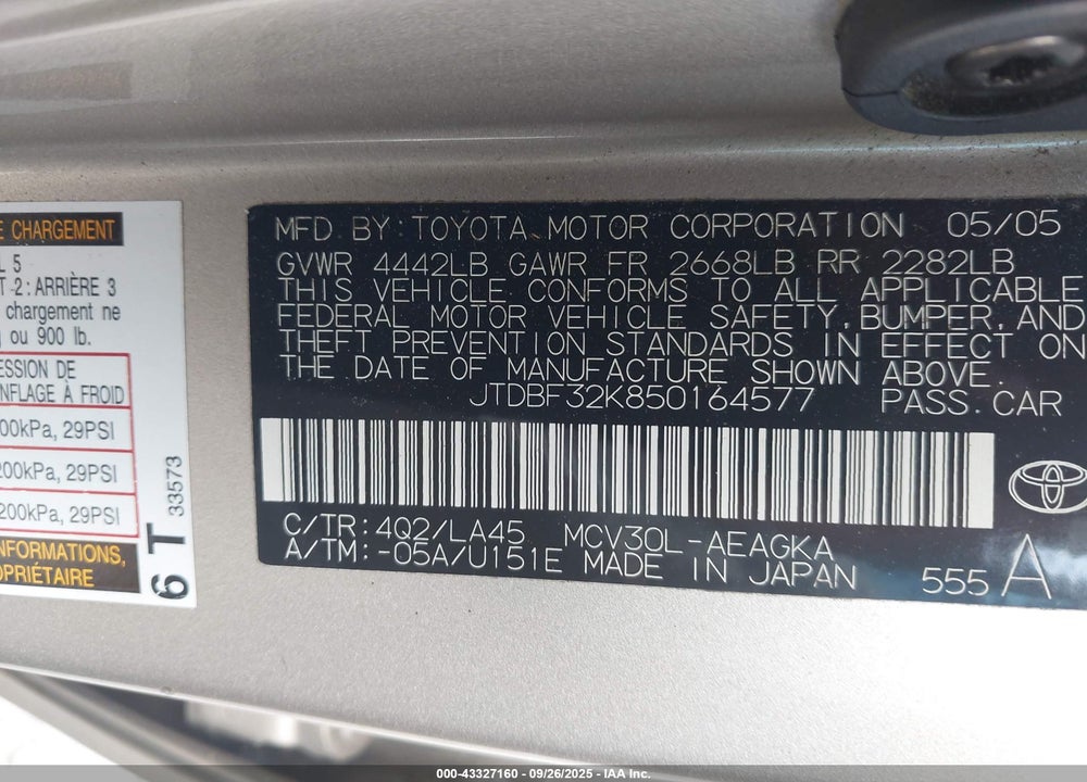 2005 TOYOTA CAMRY XLE V6 VIN: JTDBF32K850164577