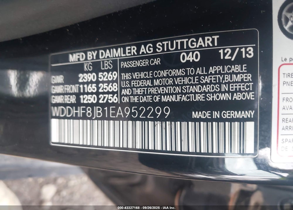 2014 MERCEDES-BENZ E-CLASS VIN: WDDHF8JB1EA952299
