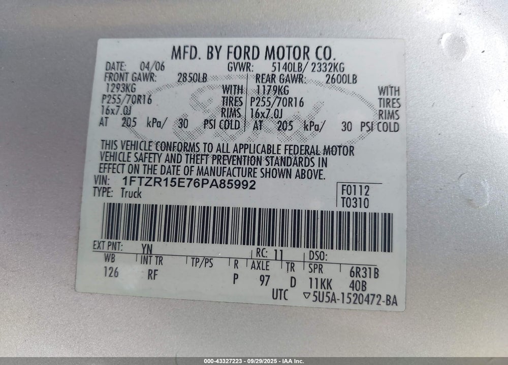 2006 FORD RANGER FX4 OFF-ROAD/SPORT/XL/XLT VIN: 1FTZR15E76PA85992
