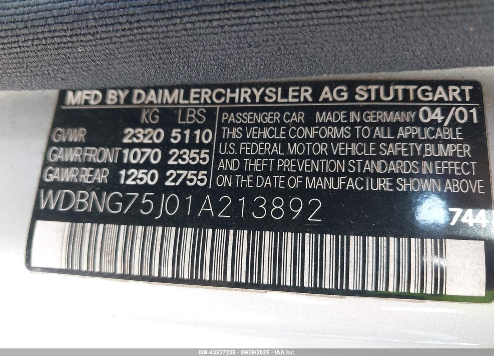 2001 MERCEDES-BENZ S 500 VIN: WDBNG75J01A213892
