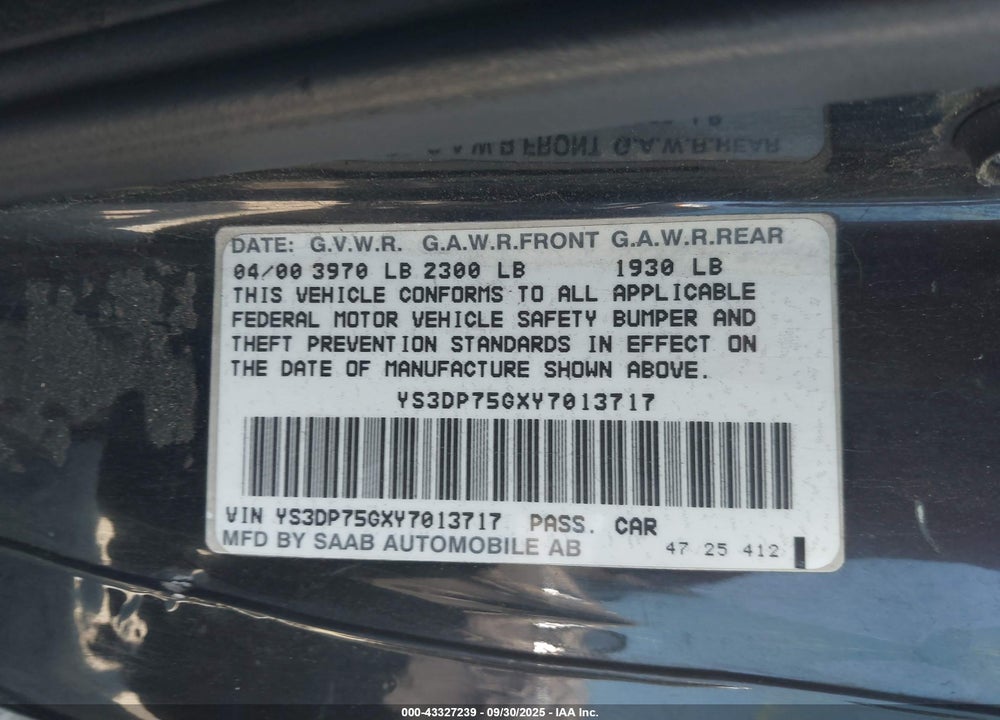 2000 SAAB 9-3 VIGGEN VIN: YS3DP75GXY7013717